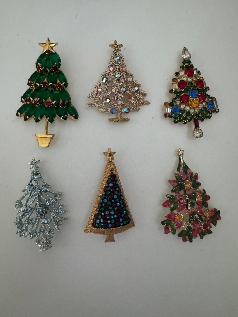 Vintage Style Christmas Tree Brooch Lot of 6 Rhinestone Enamel Pins